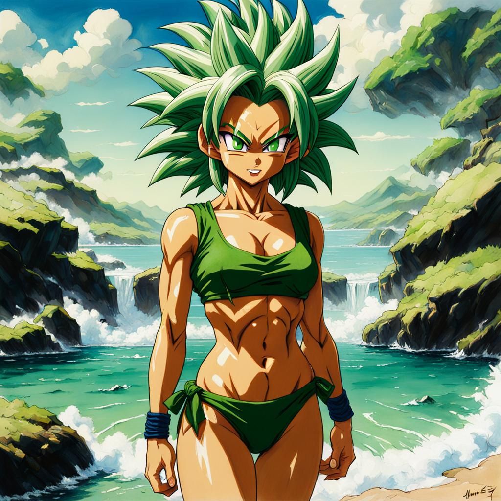 Kefla in a Sultry Green Bikini, Anime-Inspired Oil Painting