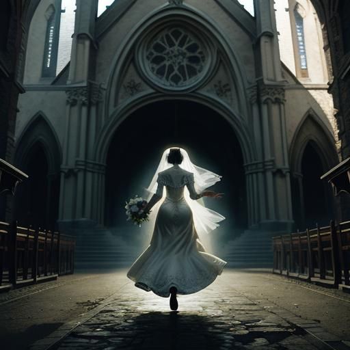 Ethereal Bride Flees Sinister Church in Whispers of Cyberpun...