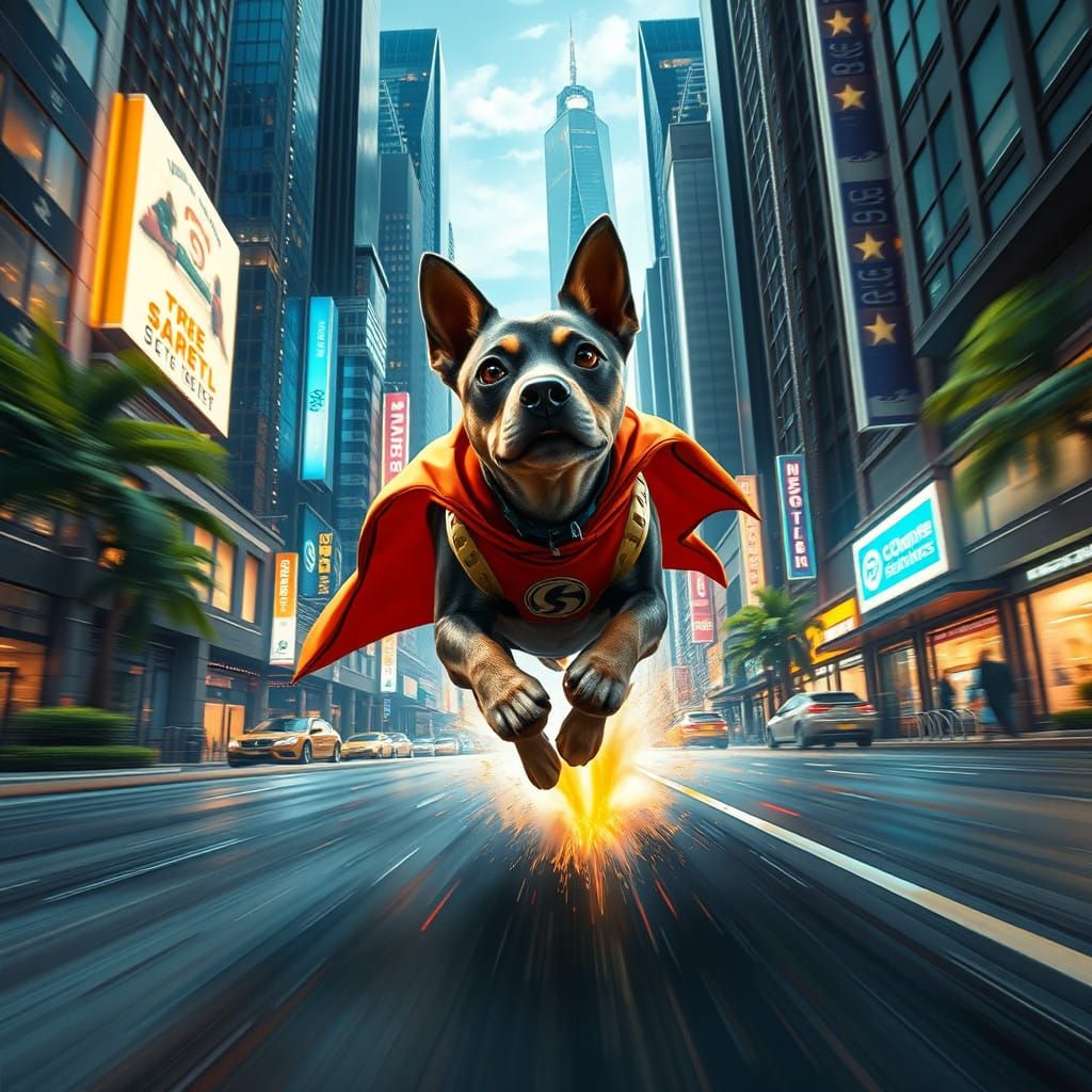 Superhero Dog Zips Through City in Vibrant Costume