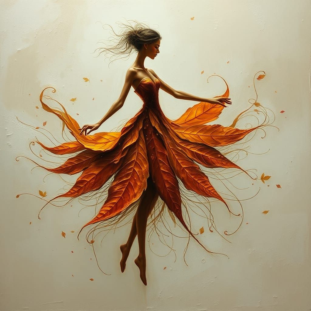 Ethereal Autumn Leaf Maiden in a Whirling Gust