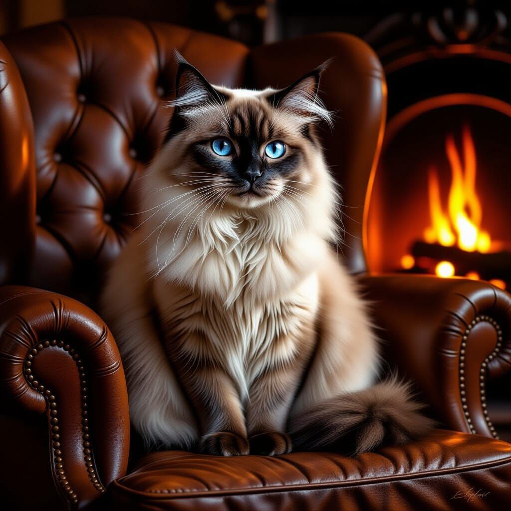 Majestic Siamese Cat on Leather Armchair in Golden Light