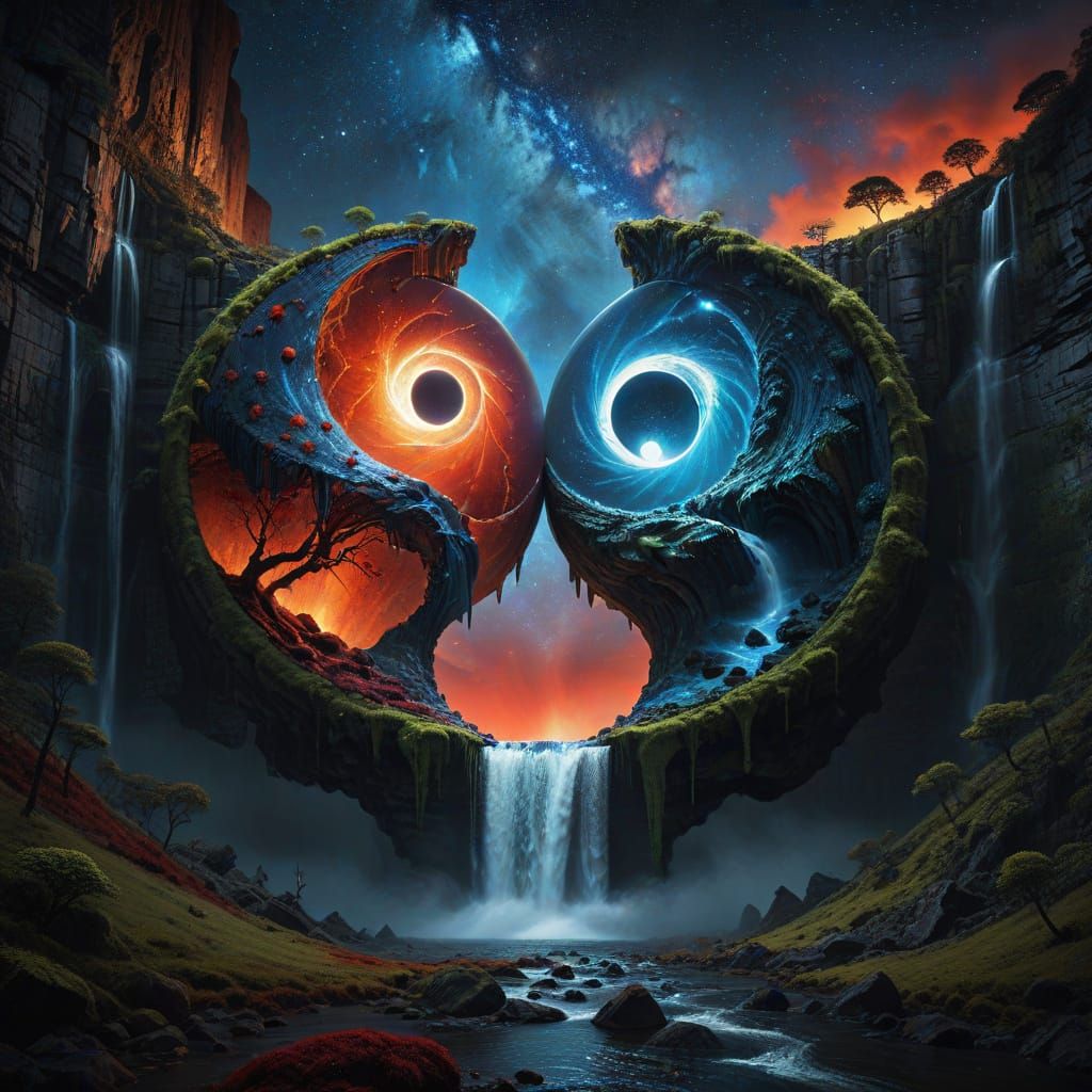 Yin Yang Planet with Waterfalls and Desert
