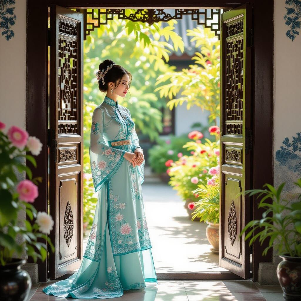 Vietnamese Lady in Ao Dai by Garden Door