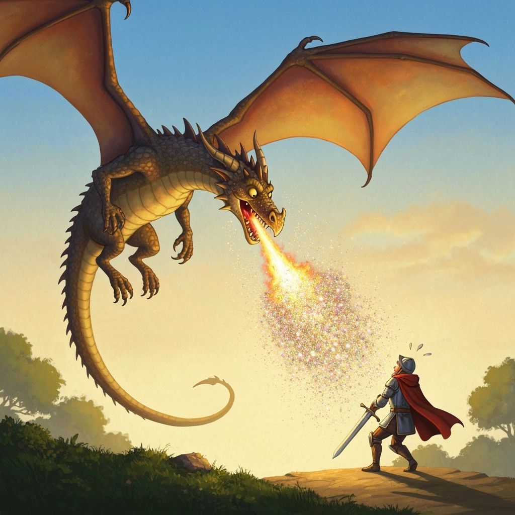 Dragon Sneezes Glitter on Knight in Whimsical Illustration