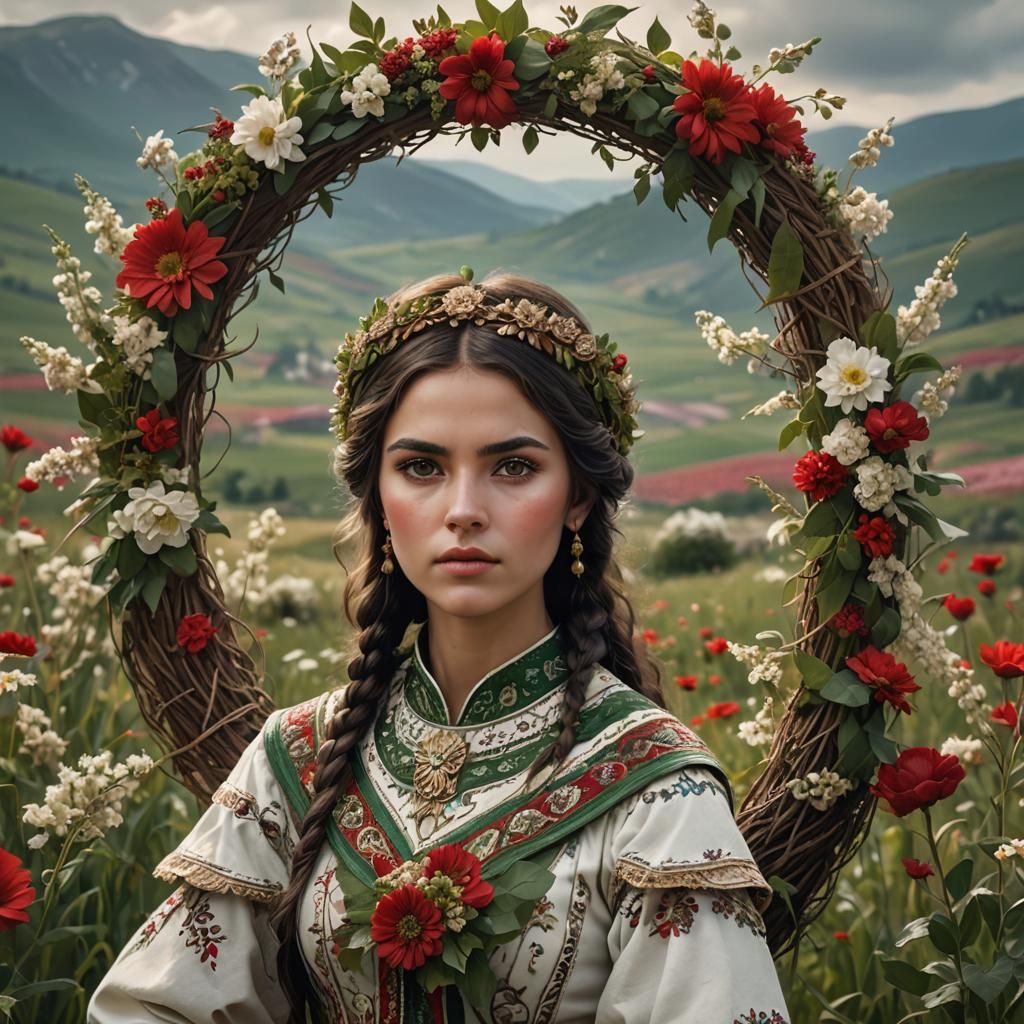 Ethereal Bulgarian Maiden in Traditional Attire