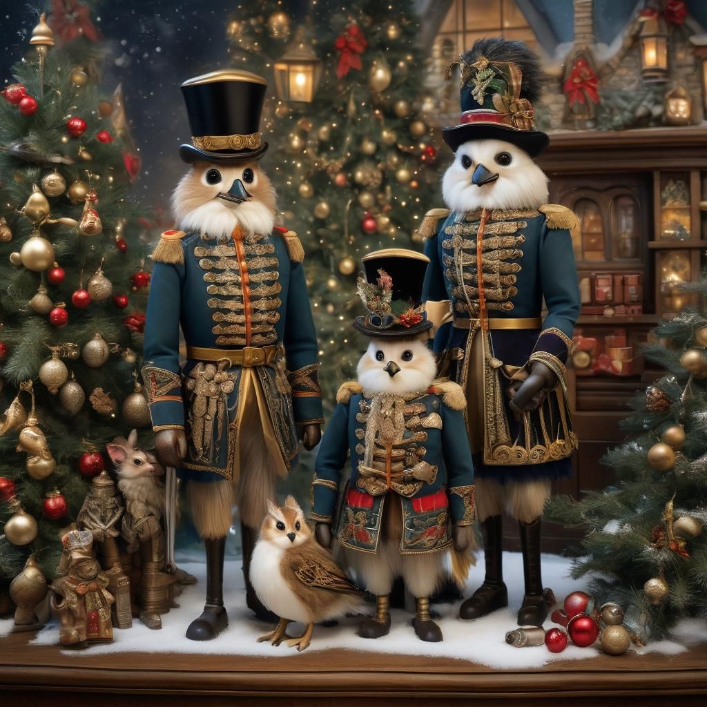 Family of Nutcracker Birds in Holiday Regalia