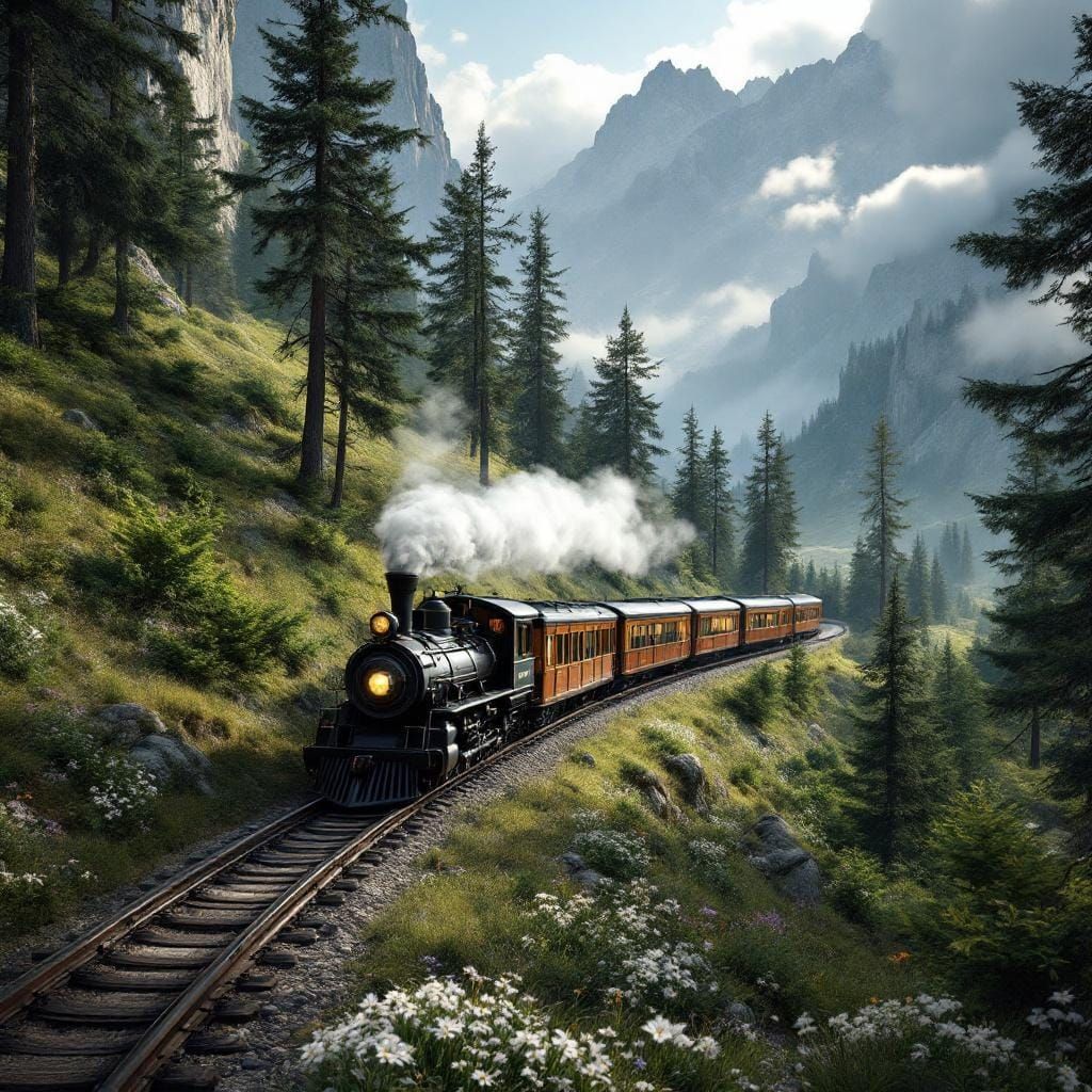 Nostalgic Mountain Train Journey in Hyperrealism