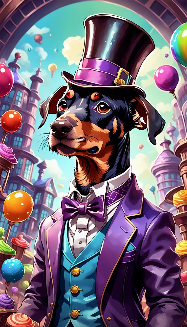 Psychedelic Chibi Doberman in Wonka's Factory
