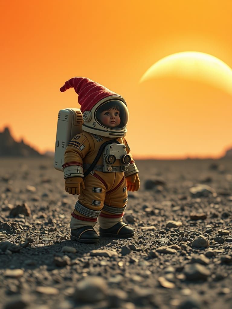 Heroic Gnome Astronaut in Cinematic Space Landscape