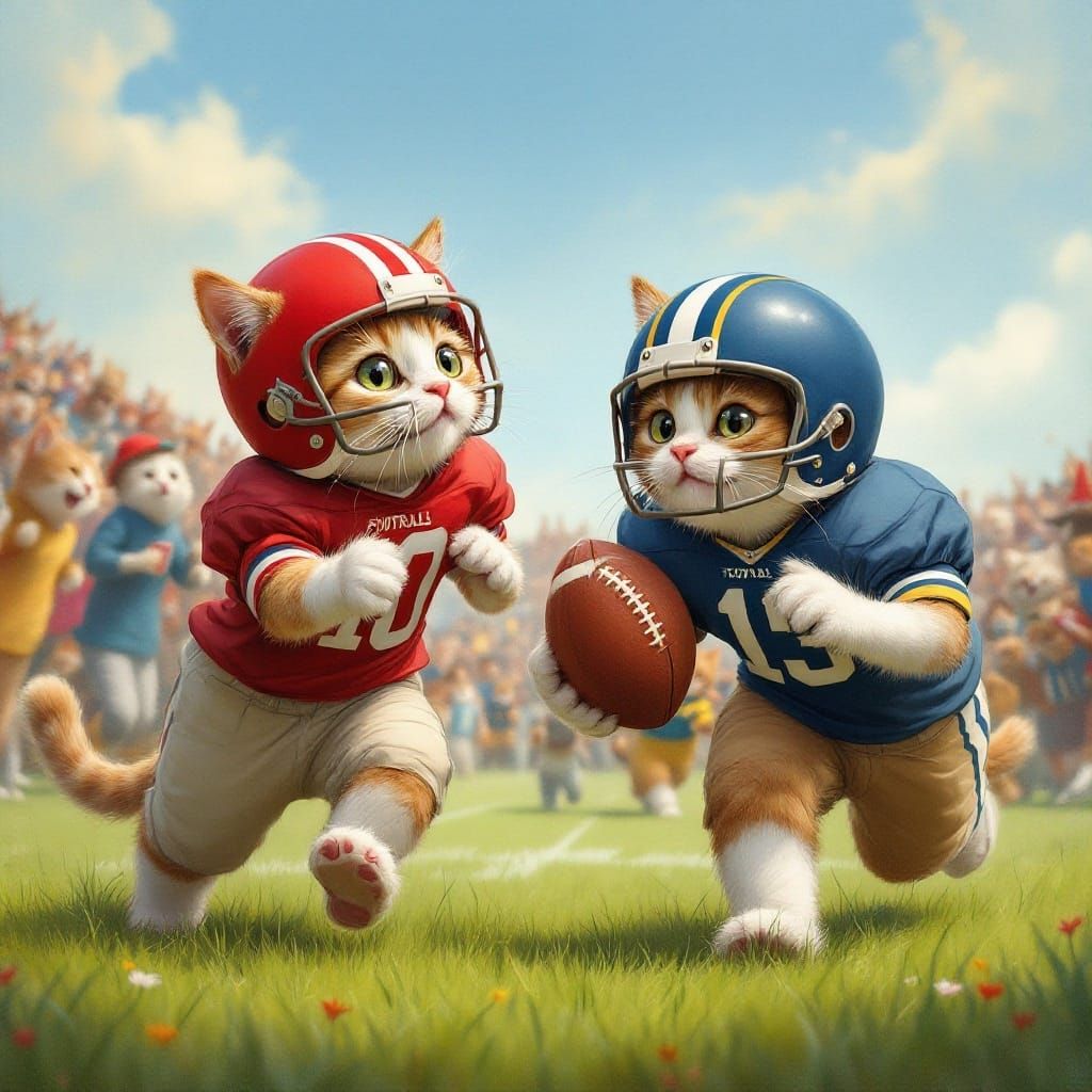 Whimsical Cats Play American Football in Classic Illustratio...