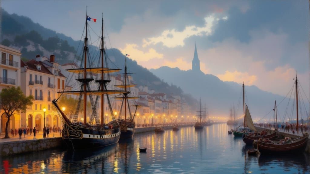 Historic Harbor Scene at Twilight with Sailing Vessels