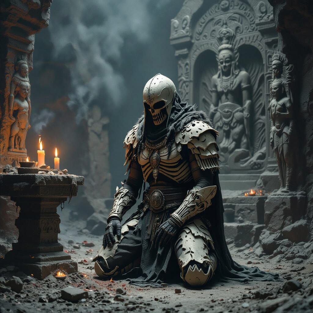 Warrior Kneeling Before Altar in Dark Fantasy Style