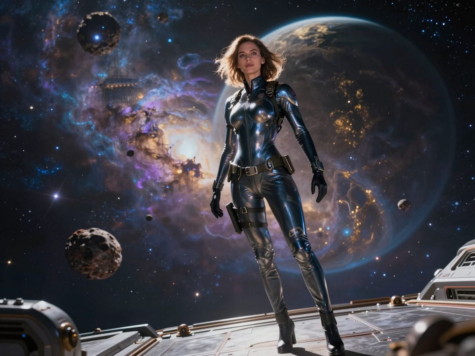 Commanding Woman in Zero Gravity Amidst Cosmic Nebula