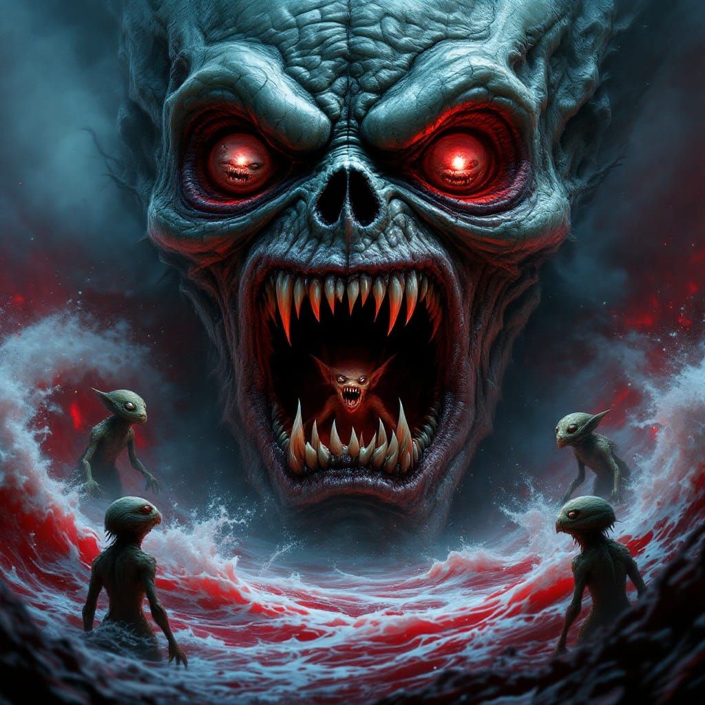 Grotesque, Otherworldly Face in a Turbulent, Red Ocean