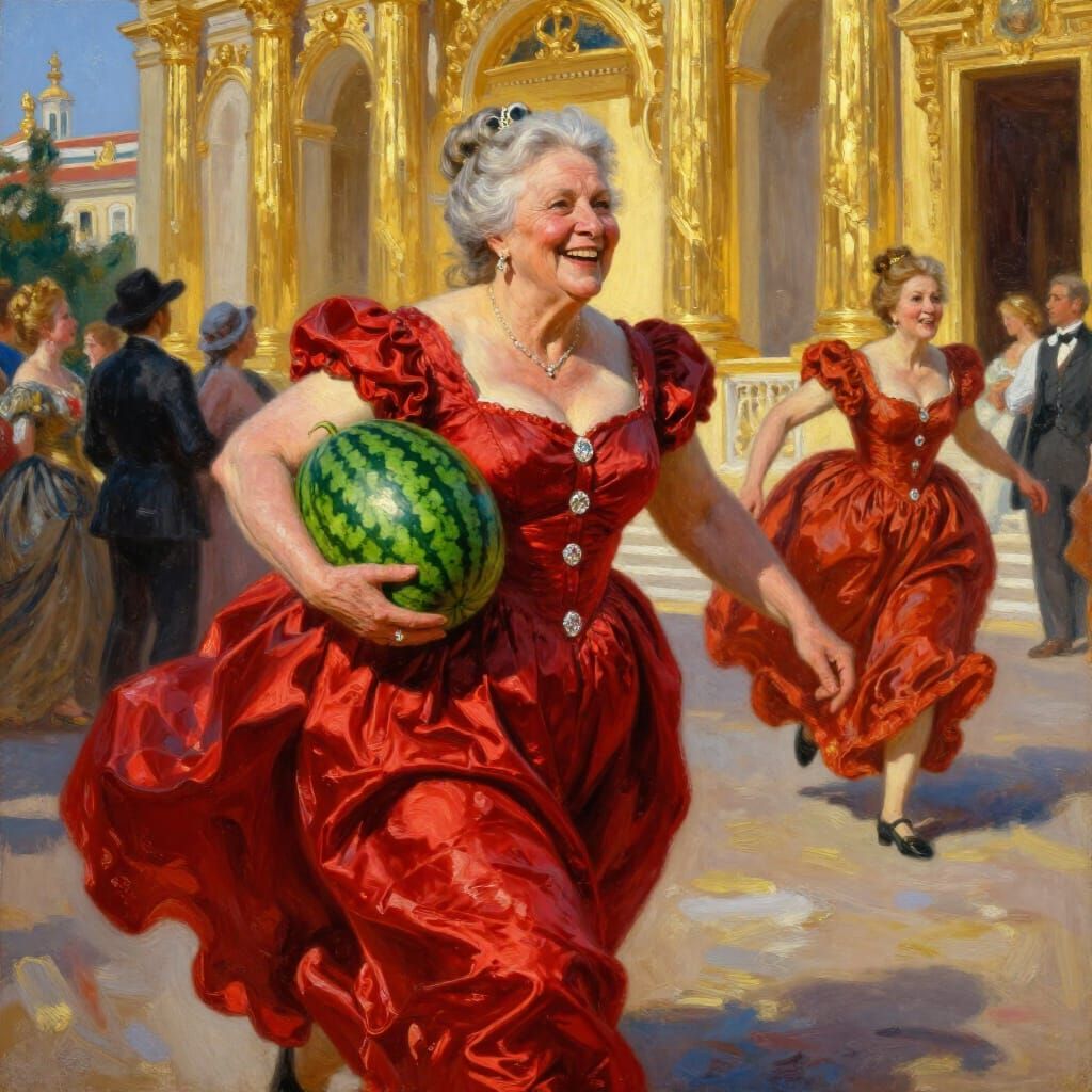 Queen Flees Palace With Watermelon, Oil Painting Style