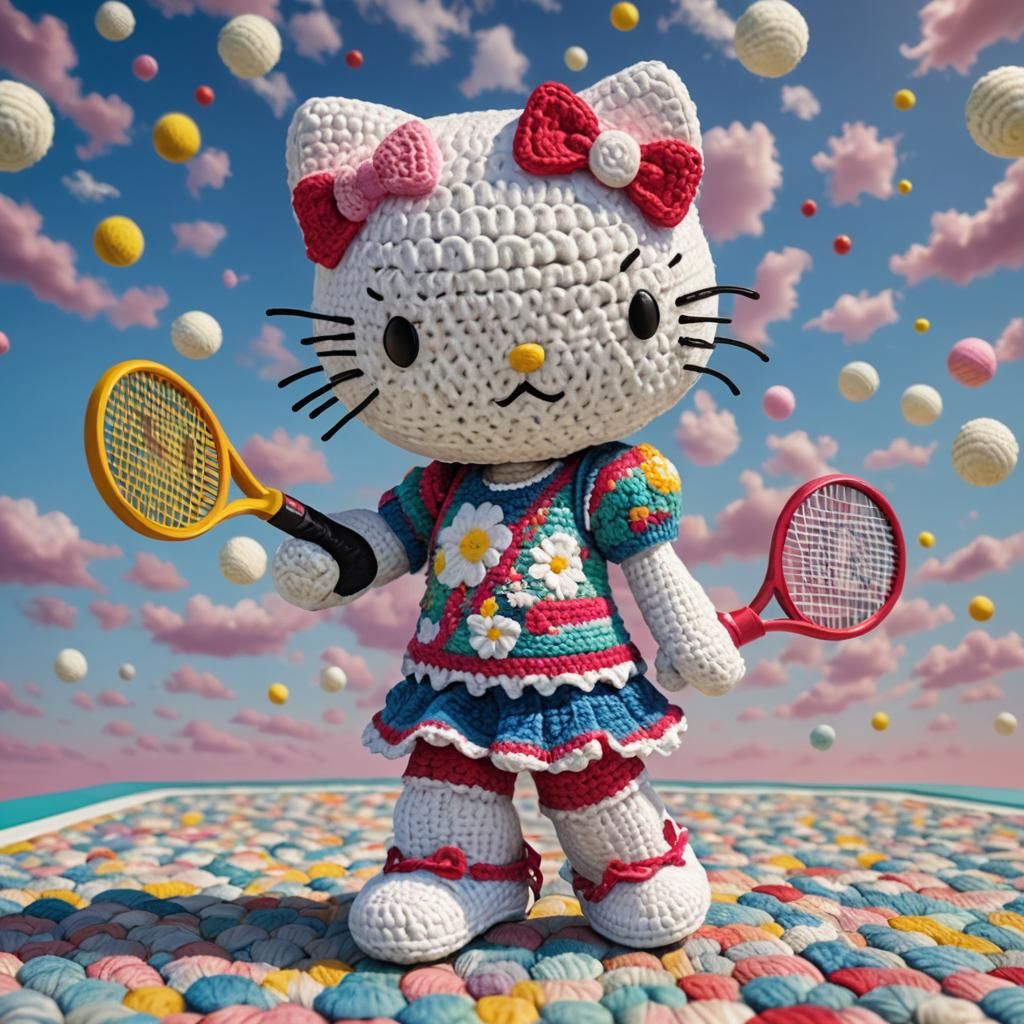 Hyperrealistic Hello Kitty Tennis Player in Quilted Sky