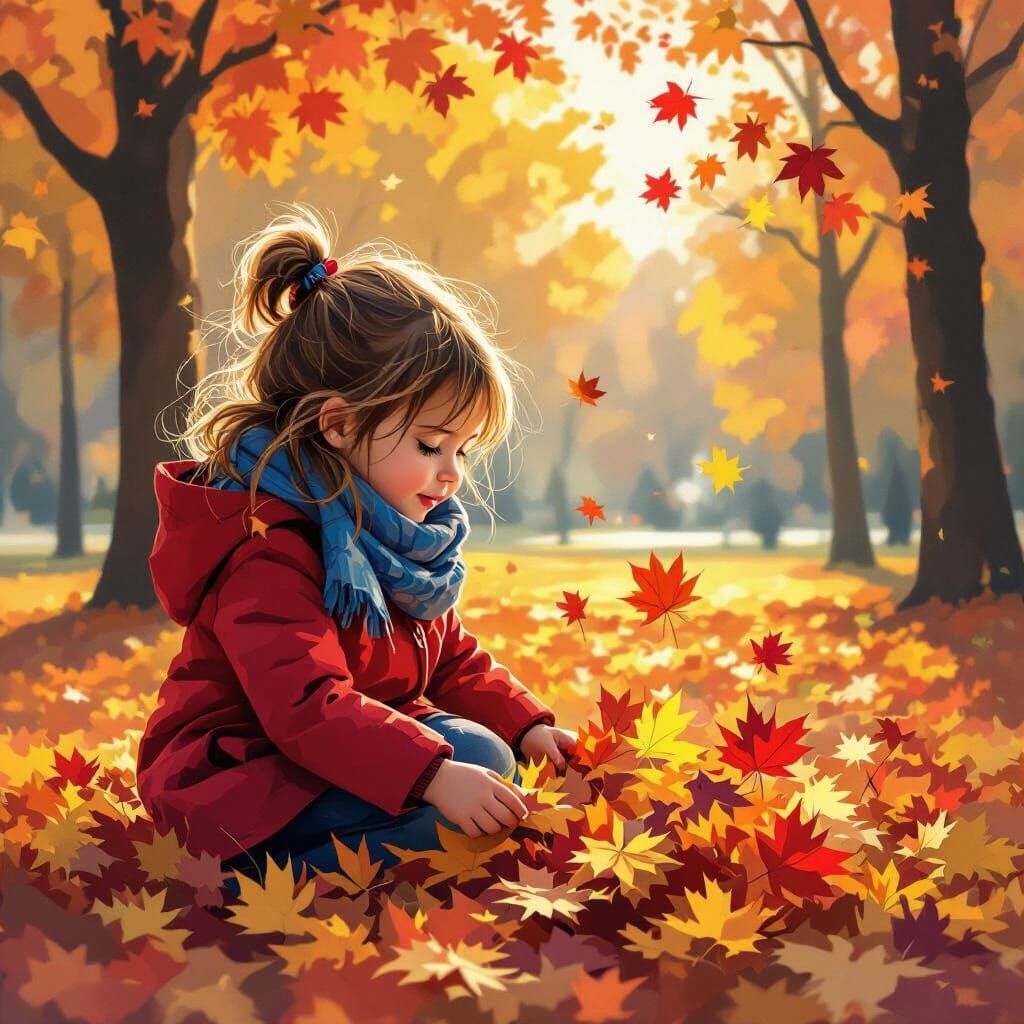 Girl Playing with Autumn Leaves