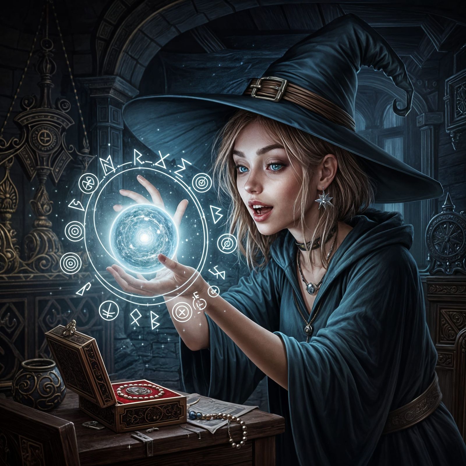 Young Witch and Magic Orb in Fantasy Illustration