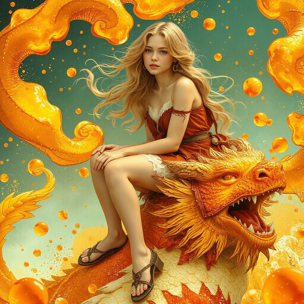 Woman on Gummy Dragon in Effervescent Soda Sea