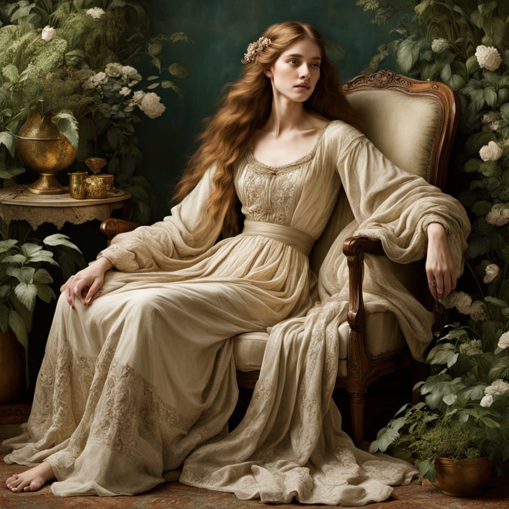 Peaceful Gustave Doré-Inspired Woman in Golden Light