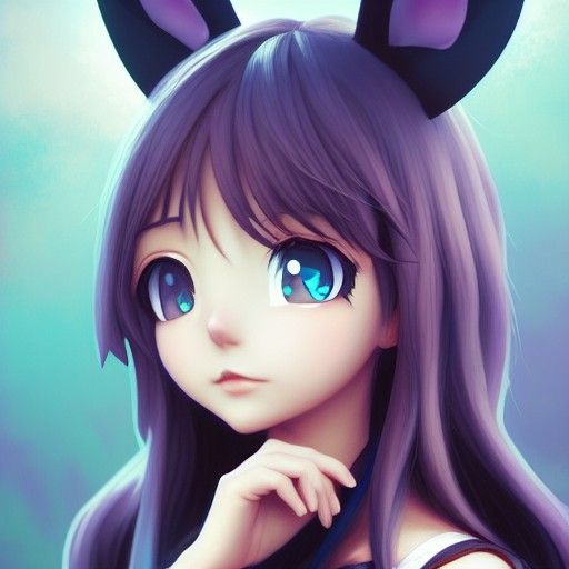 Anime Kawaii Girl with Bunny Ears in Elegant Goth Dress