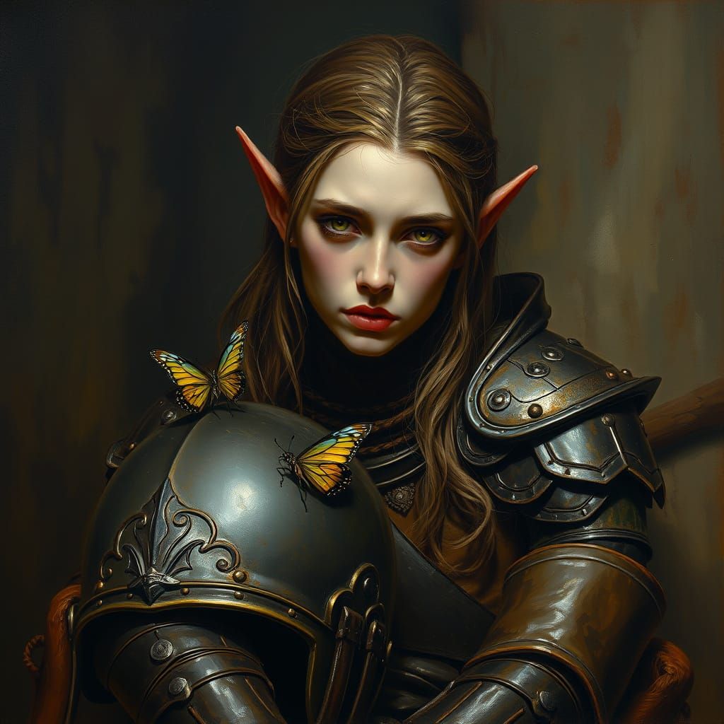 Weary Elf Warrior in Tenebrism Style Oil Painting