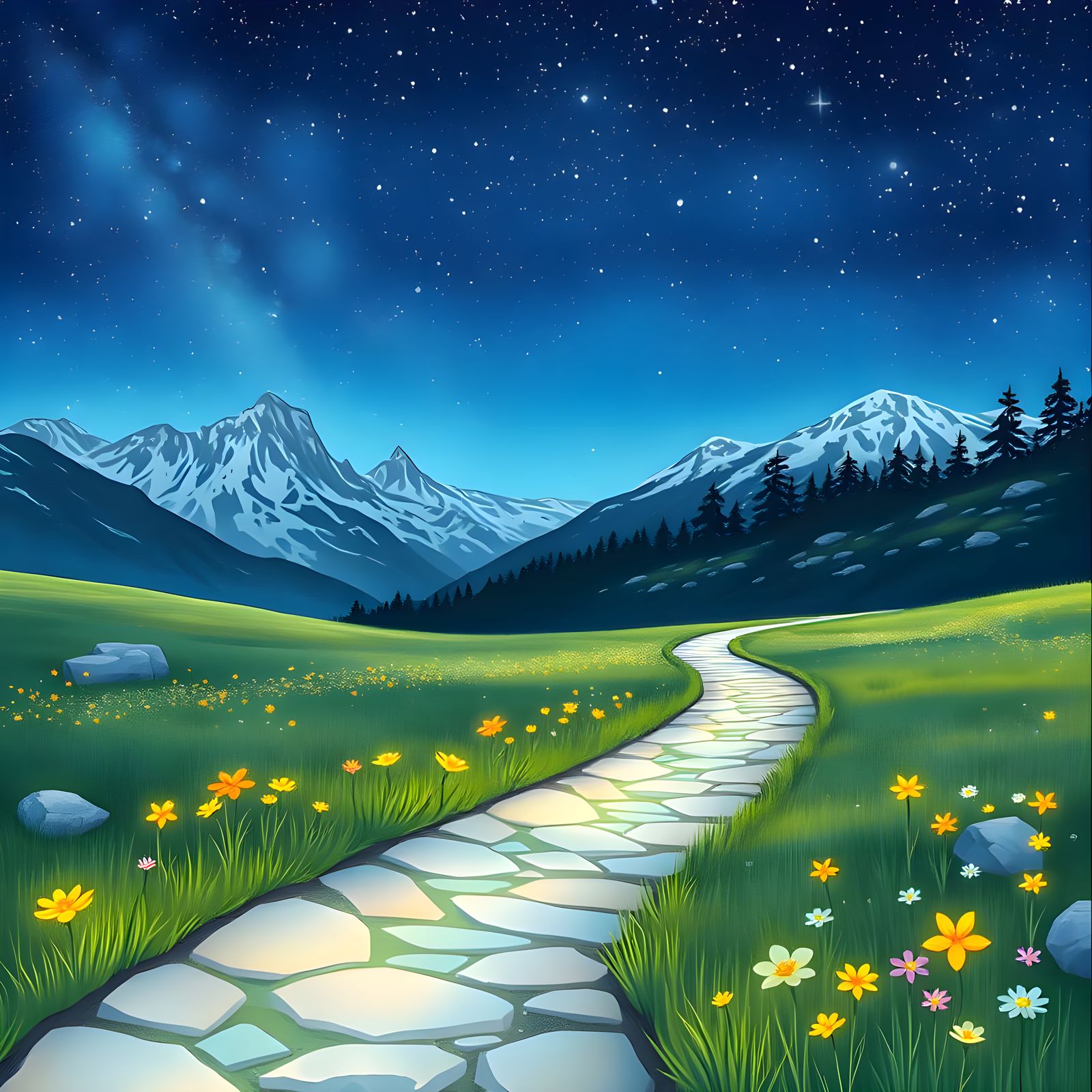 Bioluminescent Wildflower Meadow Under Starry Sky