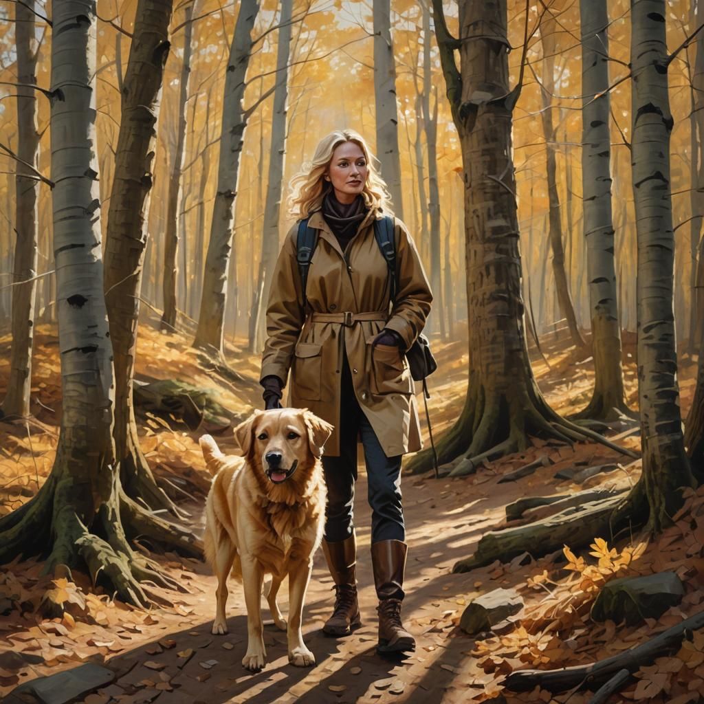 Golden Autumn Hiker in Warm Cozy Fall Attire