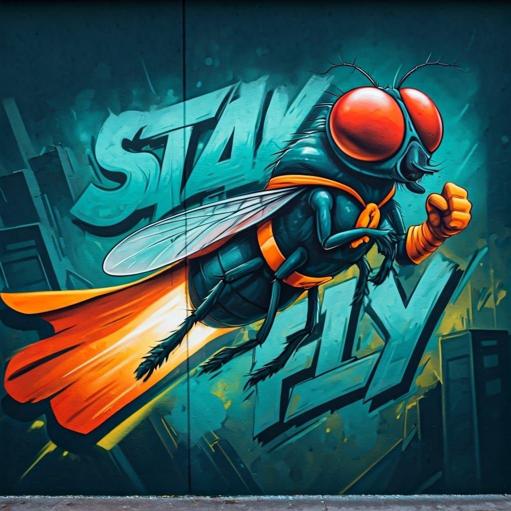 Epic Street Art containing a cartoonish house fly in a superhero costume with the graffiti "Stay Fly" spray painted behi...