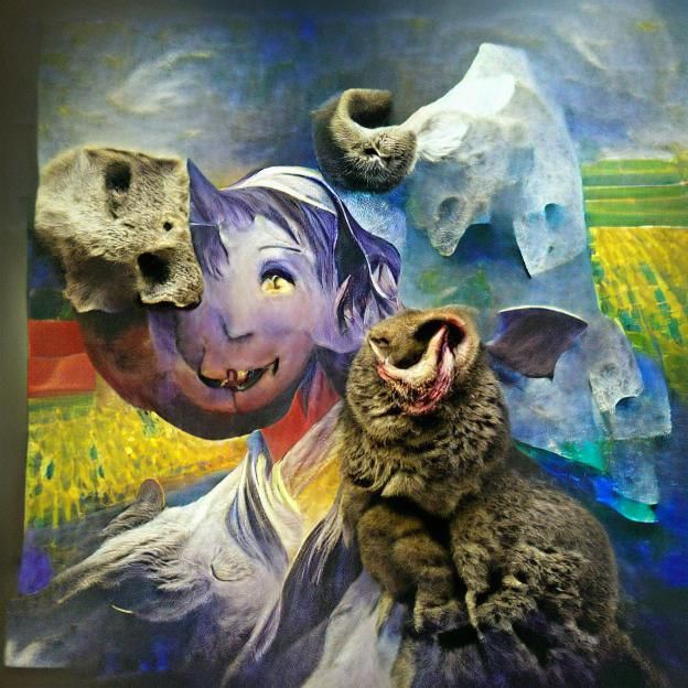 Grey Feline with One and a Half Ears in a Whimsical Art Styl...