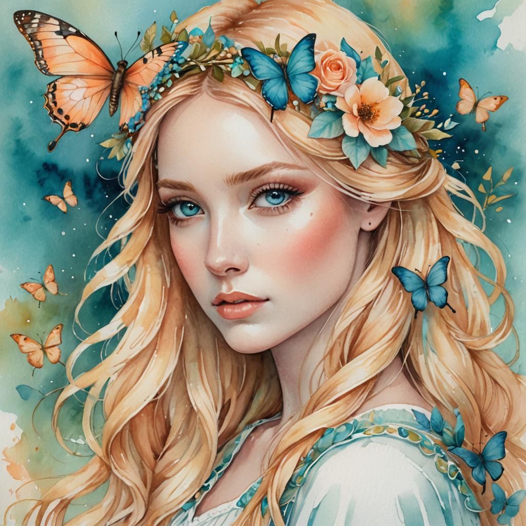 Ethereal Fantasy Portrait with Butterfly and Floral Crown