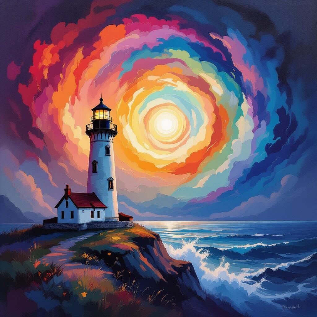 Mystical Lighthouse at the Edge of a Colorful Realm