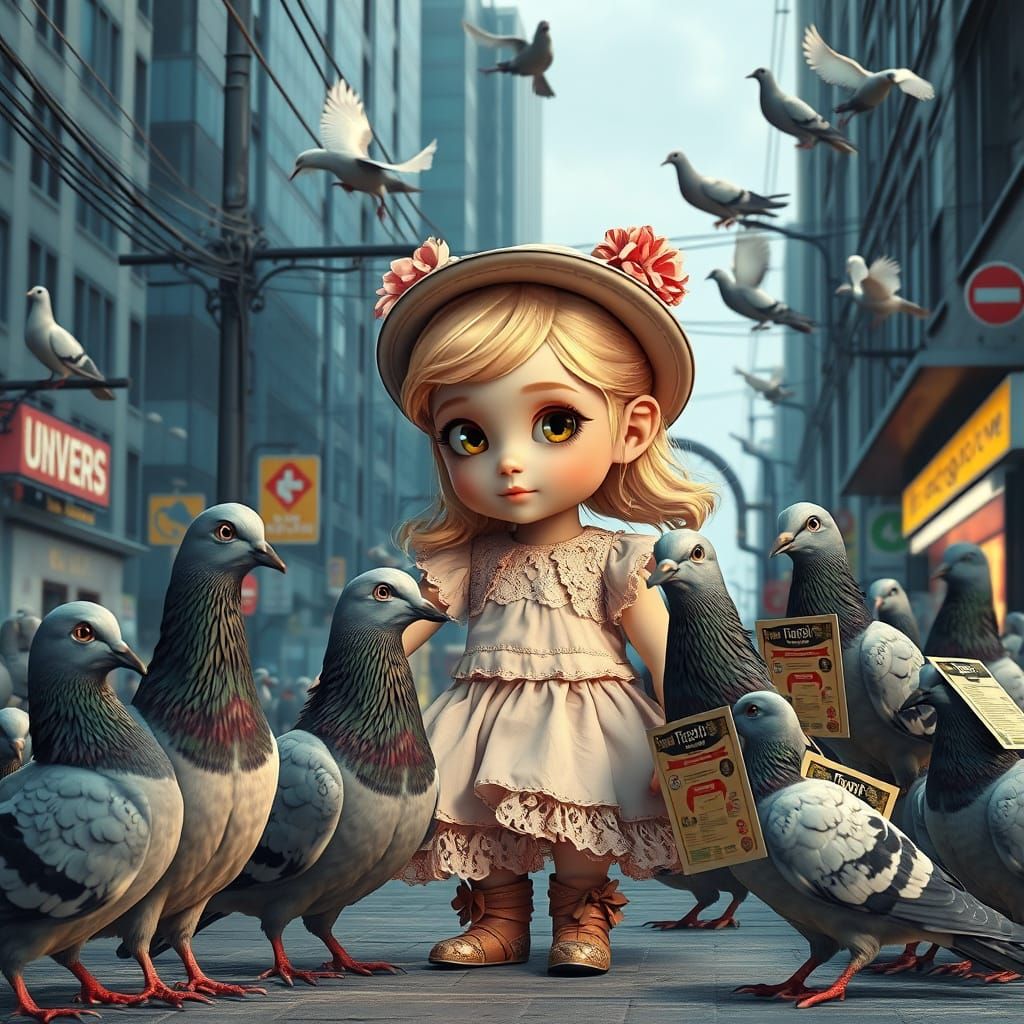 Girl and Pigeons in Surreal Cityscape, 3D Rendered