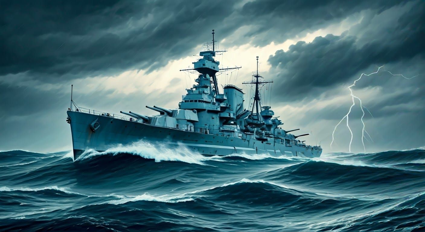 Majestic British Battleship Plunges Through Turbulent Stormy...