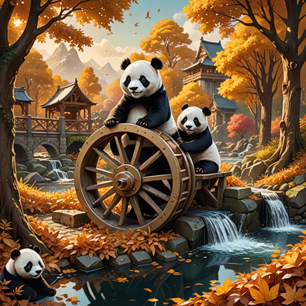 Pandas playing in autumn leaves