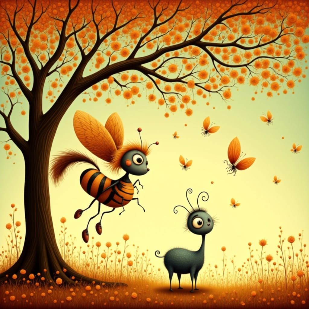 Whimsical Trees Dance in Amber Grasslands