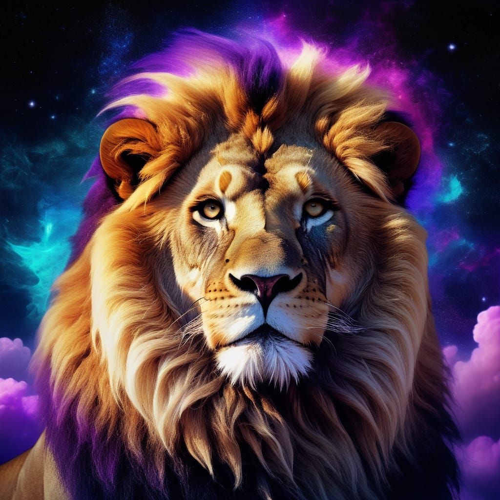 Golden Lion in Space: Neon Digital Art