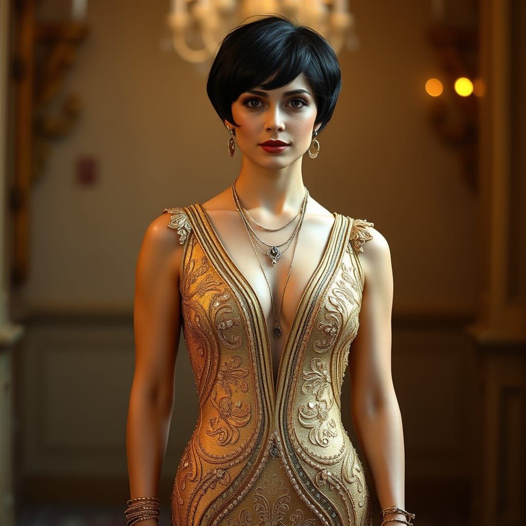 Woman in Gold Gown, Art Nouveau Portrait