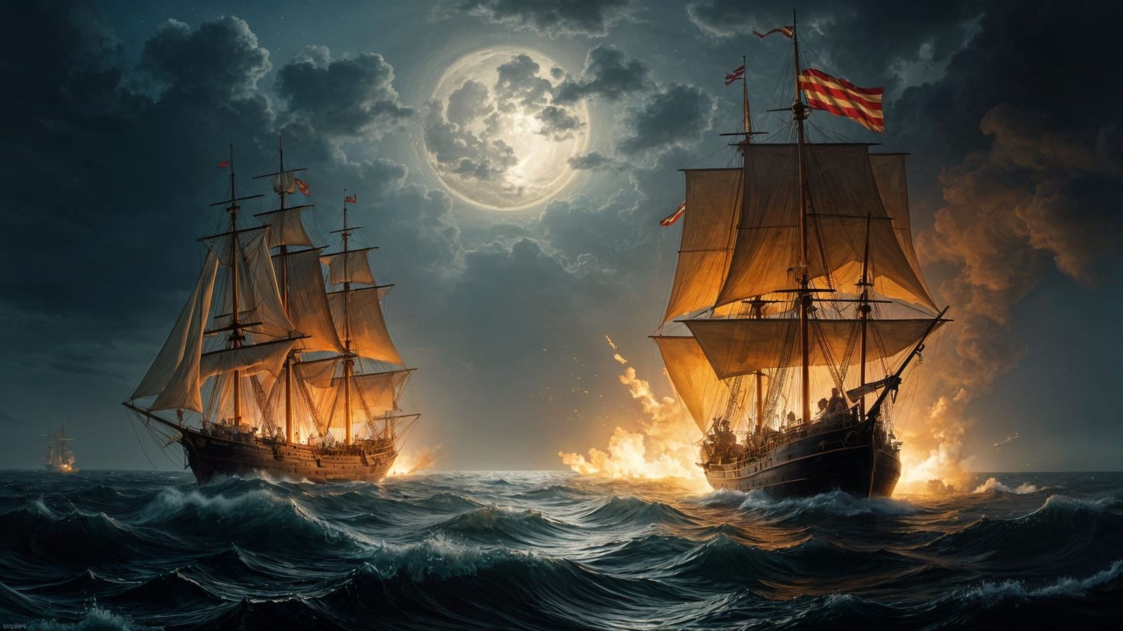 Dramatic Nocturnal Naval Battle with Union Jack and Cross of...