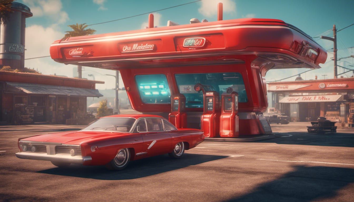 Retro Futuristic Gas Station in Epic 3D Cinematic Style