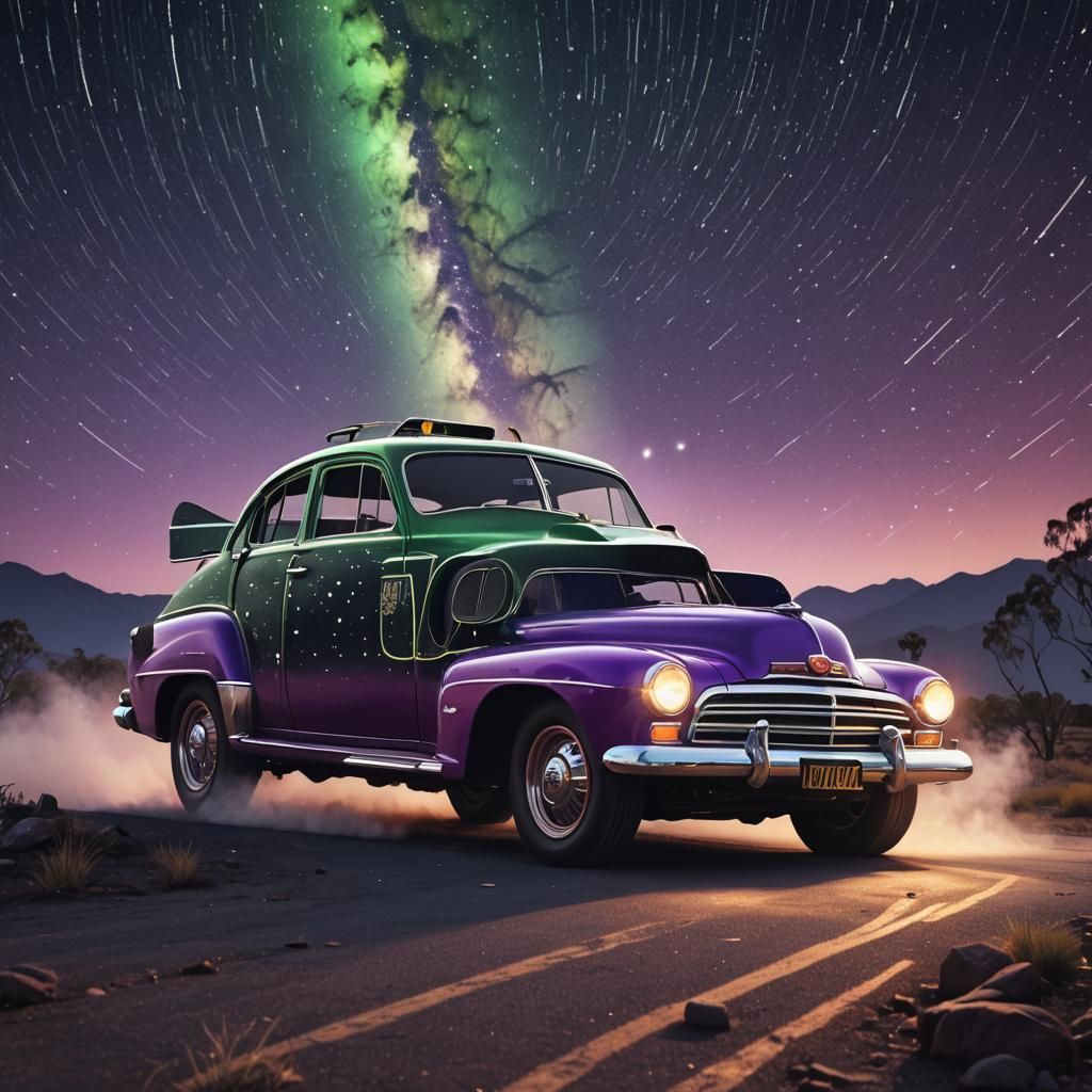 Classic Car Speeds Through Cosmic Night Sky in Vibrant Matte...