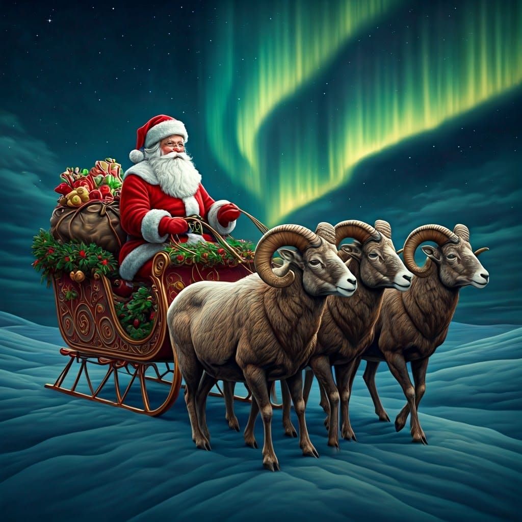 Santa's Whimsical Sleigh Ride with Majestic Bighorn Sheep