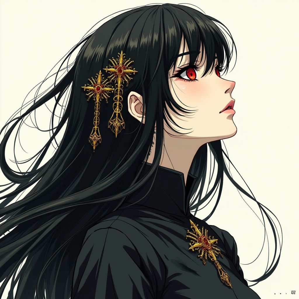 Mystical Anime Maiden in Profile View with Ornate Crosses an...
