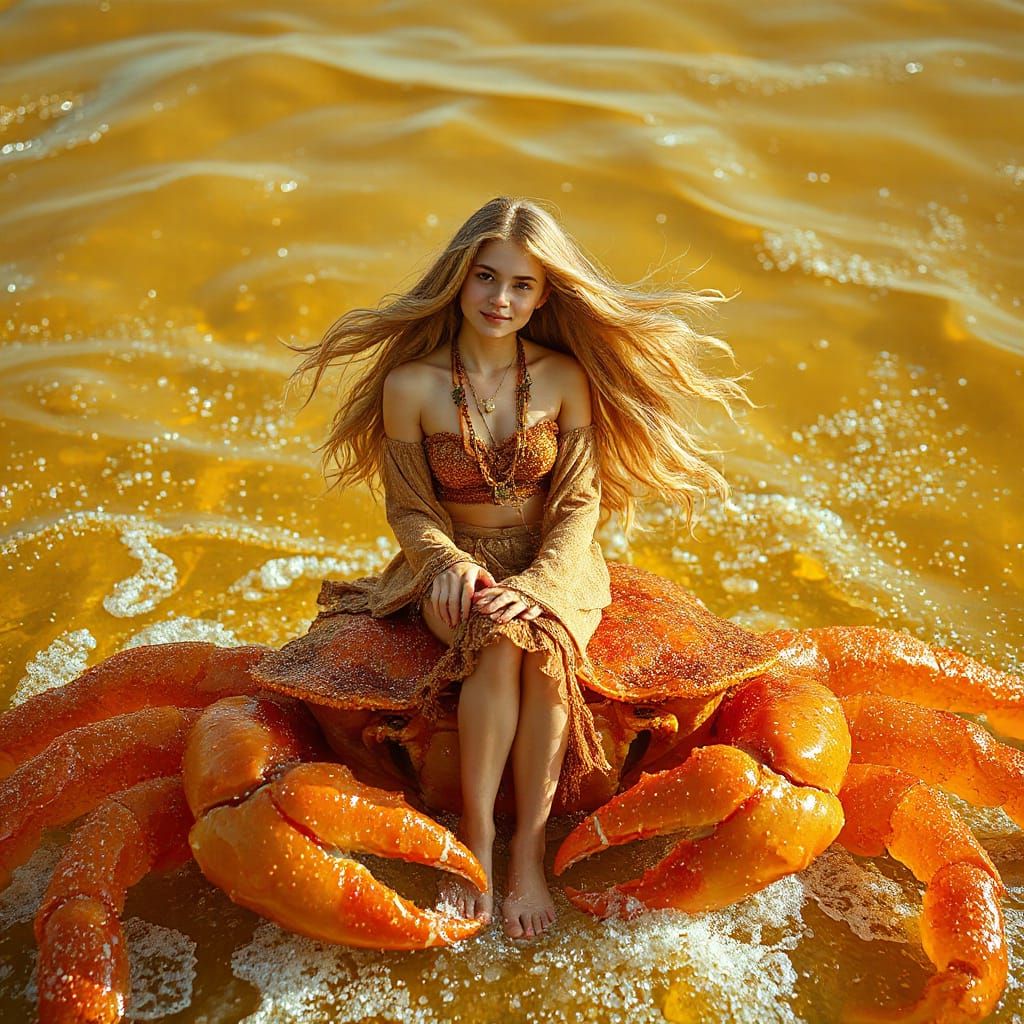Woman on Gummy Crab in Dreamlike Soda Sea