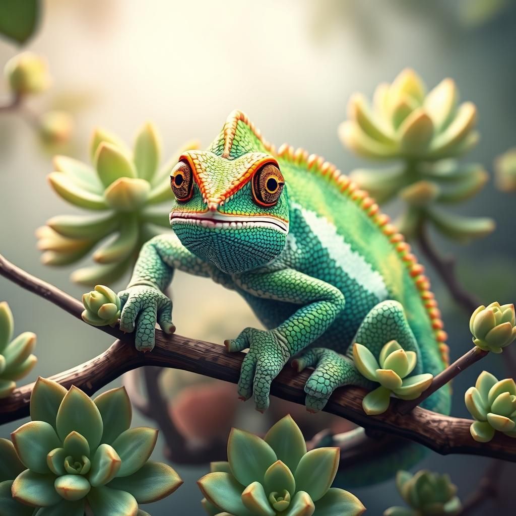 Chameleon in Harmony with Vibrant Succulents