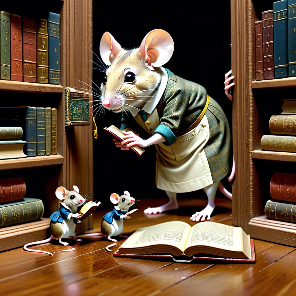 Mouse Librarian Reads to Mice Children in Whimsical Digital...