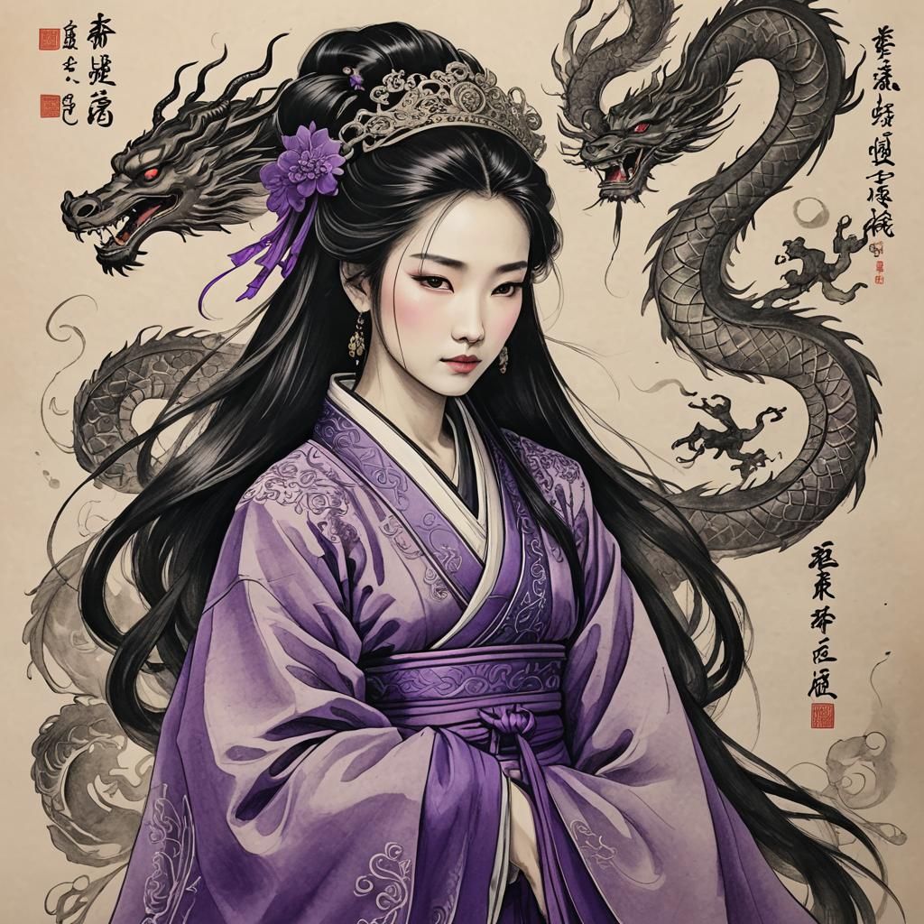 Violet Dragon Princess in Medieval Chinese Scroll Art