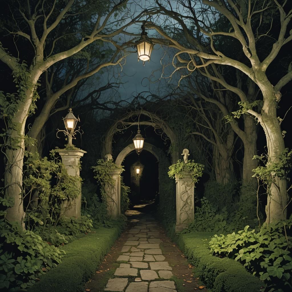 Ghosts Haunt Gothic Garden Maze in Surrealism Style