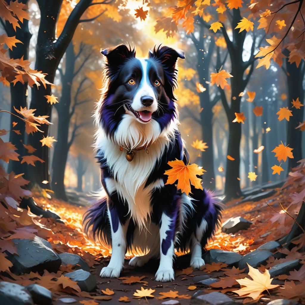 autumn brown border collie dog maple leaf with falling leaves