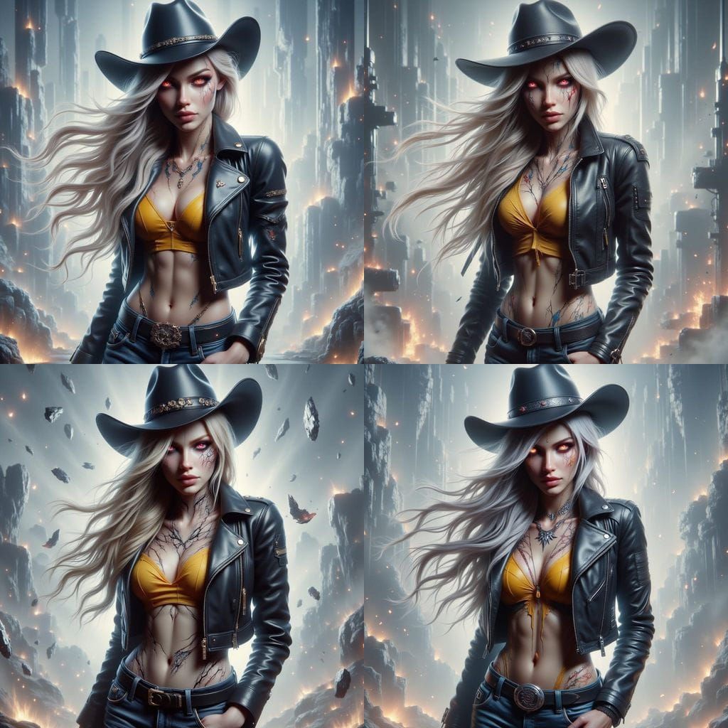 Blonde Woman with Glowing Red Eyes in Biker Outfit